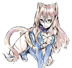  belt bodysuit boots breasts brown_eyes brown_hair cat_tail cleavage female fur glasses long_hair open_mouth presa_(tales) preza tail tales_of_(series) tales_of_xillia 