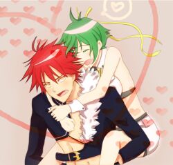  1boy aquarion_(series) aquarion_evol cleavage_cutout closed_eyes clothing_cutout commentary_request female green_hair hair_ribbon kagura_demuri marion_(333-3333) photoshop_(medium) red_hair ribbon short_hair shorts yellow_eyes zessica_wong 