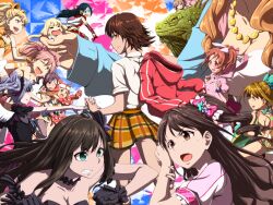  6+girls :d ;d =_= abe_nana absurdres animal_costume animal_hands aqua_eyes black_gothic_dress_(idolmaster) black_hair blonde_hair breasts brown_hair claws clearite cleavage commentary_request eyelashes fishnet_pantyhose fishnets from_behind futaba_anzu giant giantess gloves green_eyes hair_ribbon head_out_of_frame highres hino_akane_(idolmaster) holding honda_mio hood hooded_track_jacket ichihara_nina idolmaster idolmaster_cinderella_girls jacket jougasaki_mika jougasaki_rika kanzaki_ranko light_purple_hair lizard long_hair medium_breasts mifune_miyu mimura_kanako moroboshi_kirari multiple_girls nanjo_hikaru one_eye_closed open_mouth opposing_sides pantyhose pink_check_school_(idolmaster) pink_hair ribbon school_swimsuit shibuya_rin shimamura_uzuki shirt short_hair side_ponytail skirt smile star_(symbol) swimsuit track_jacket twintails two_side_up visor wings 