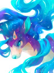  2017 ambiguous_gender blue_eyes blue_hair blue_nose clockbirds cosmic_fur cosmic_hair cosmic_mane countershading deer digital_media_(artwork) ethereal_hair fan_character feral fur hair horn illuima_(clockbirds) ixi_(neopets) jumpstart_games mammal neopet_(species) neopets night_sky_body portrait pseudo_hair purple_body purple_fur simple_background solo tan_body tan_countershading white_background 