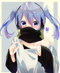  bad_id bad_pixiv_id blue_eyes blue_hair blush cosplay covered_mouth ene_(kagerou_project) female headphones highres kagerou_project konoha_(kagerou_project) konoha_(kagerou_project)_(cosplay) long_hair nako_(inamenaihane) oversized_clothes solo twintails 