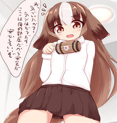  animal_ears arai-san_mansion brown_eyes brown_hair commentary_request dog_ears dog_tail elevator female kemono_friends lamp long_hair oni_tofu open_mouth original profile skirt solo st_bernard_(kemono_friends)_(oni_tofu) tail translation_request 