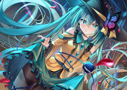  belt black_hat black_nails blue_belt blue_eyes blue_hair blue_skirt blush breasts brown_choker brown_pantyhose butterfly_hat_ornament choker clothes_lift commentary cosplay cowboy_shot dutch_angle earrings female floating_hair frilled_skirt frilled_sleeves frills hair_between_eyes hat hat_ornament hat_ribbon hatsune_miku highres jewelry komeiji_koishi komeiji_koishi_(cosplay) lifting_own_clothes long_hair long_sleeves looking_at_viewer medium_breasts meion nail_polish outdoors pantyhose parted_lips petals revision ribbon shirt skirt skirt_lift solo standing thigh_gap thighband_pantyhose third_eye touhou twintails very_long_hair vocaloid yellow_ribbon yellow_shirt 