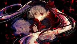  arcaea black_hairband bow capelet closed_mouth commentary_request eyebrows_hidden_by_hair female floating_hair flower fur-trimmed_capelet fur-trimmed_sleeves fur_trim hairband hairbow highres holding holding_flower long_hair long_sleeves looking_at_viewer petals red_bow red_eyes red_flower red_rose rose sanamisa shirabe_(arcaea) sleeves_past_wrists solo striped striped_bow twintails upper_body very_long_hair white_capelet white_hair 