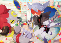  2girls 3boys armband bettie_(pokemon) black_shirt coat commentary_request confetti day fur-trimmed_coat fur_trim gloves grey_hair highres hoopa hoopa_(confined) lear_(pokemon) long_sleeves mimura_(nnnnnnnnmoo) multiple_boys multiple_girls necktie official_alternate_costume open_mouth orange-tinted_eyewear outdoors pants pokemon pokemon_(creature) pokemon_masters_ex portal_(object) rachel_(pokemon) raihan_(anniversary_2022)_(pokemon) raihan_(pokemon) red_necktie sawyer_(pokemon_masters_ex) shirt spiked_hair sunglasses teeth tinted_eyewear tongue white_coat white_pants 