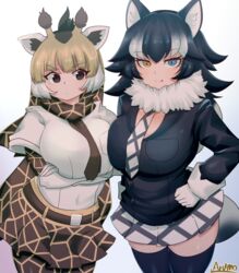  2girls absurdres alternate_breast_size animal_ears animal_print arm_at_side artist_name asymmetrical_docking belt black_eyes black_hair blonde_hair blue_eyes bodystocking breast_press breasts brown_hair buttons closed_mouth covered_navel crossed_arms fang_out fur_collar giraffe_ears giraffe_horns giraffe_print gloves grey_wolf_(kemono_friends) hand_on_own_hip heterochromia highres horns impossible_clothes impossible_jacket impossible_shirt jacket kemono_friends large_breasts layered_sleeves long_hair long_sleeves looking_at_another looking_at_viewer looking_to_the_side multicolored_hair multiple_girls necktie oerba_yun_fang orange_eyes raised_eyebrow reticulated_giraffe_(kemono_friends) ryuusui_arumo scarf shirt short_over_long_sleeves short_sleeves side-by-side skirt smile tail two-tone_hair white_hair wolf_ears wolf_girl wolf_tail 