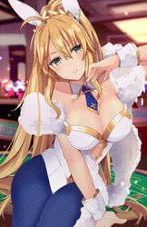  ahoge animal_ears artoria_pendragon_(fate) artoria_pendragon_(swimsuit_ruler)_(fate) bare_shoulders blonde_hair blue_necktie blue_pantyhose blush braid breasts casino_card_table cleavage clothing_cutout detached_collar fate/grand_order fate_(series) feather_boa female fishnet_pantyhose fishnets french_braid green_eyes hair_between_eyes highleg highleg_leotard highres k-rumi large_breasts leotard long_hair looking_at_viewer navel_cutout necktie pantyhose photoshop_(medium) playboy_bunny ponytail rabbit_ears sidelocks sitting smile solo table thighs tiara white_leotard wrist_cuffs 