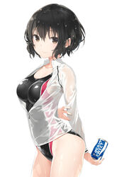  black_hair black_one-piece_swimsuit blush brand_name_imitation breasts brown_eyes can closed_mouth collarbone commentary_request female hair_between_eyes highres holding holding_can jacket kani_biimu long_sleeves looking_at_viewer medium_breasts one-piece_swimsuit original pocari_sweat see-through short_hair simple_background smile solo swimsuit swimsuit_under_clothes wet_jacket white_background white_jacket 