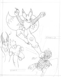  action_pose anthro bandai_namco beelzemon canid canine concept_art conflict digimon digimon_(species) female fox graphite_(artwork) group humanoid kick male male/female mammal monochrome movement pencil_(artwork) pose reddragonkan renamon traditional_media_(artwork) 