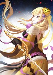  blonde_hair blunt_bangs chinese_clothes double_bun eyeshadow female flower gloves green_eyes hair_bun hair_ornament highres long_hair makeup rapier sword thunderbolt_fantasy weapon xie_yingluo xunling 