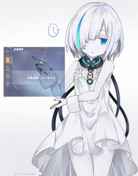  ... azur_lane black_nails blue_eyes cable colored_skin commentary_request dress female gameplay_mechanics gradient_background hair_over_one_eye jewelry looking_at_viewer multicolored_hair necklace parted_lips pointing saekiya_sabou solo spoken_ellipsis streaked_hair symbol-shaped_pupils tb_(azur_lane) thighs twitter_username two-tone_hair white_dress white_hair white_skin 