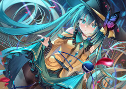  belt black_hat black_nails blue_belt blue_eyes blue_hair blue_skirt blush breasts brown_choker brown_pantyhose butterfly_hat_ornament choker clothes_lift commentary cosplay cowboy_shot dutch_angle earrings female floating_hair frilled_skirt frilled_sleeves frills hair_between_eyes hat hat_ornament hat_ribbon hatsune_miku highres jewelry komeiji_koishi komeiji_koishi_(cosplay) lifting_own_clothes long_hair long_sleeves looking_at_viewer md5_mismatch medium_breasts meion nail_polish outdoors pantyhose parted_lips petals ribbon shirt skirt skirt_lift solo standing thigh_gap thighband_pantyhose third_eye touhou twintails very_long_hair vocaloid yellow_ribbon yellow_shirt 