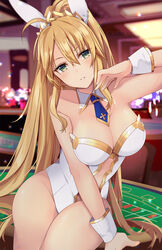  ahoge animal_ears artoria_pendragon_(fate) artoria_pendragon_(swimsuit_ruler)_(fate) bare_legs bare_shoulders blonde_hair blue_necktie blush braid breasts casino_card_table cleavage clothing_cutout detached_collar fate/grand_order fate_(series) feather_boa female french_braid green_eyes hair_between_eyes highleg highleg_leotard highres k-rumi large_breasts leotard long_hair looking_at_viewer navel_cutout necktie photoshop_(medium) playboy_bunny ponytail rabbit_ears sidelocks sitting smile solo table thighs tiara white_leotard wrist_cuffs 