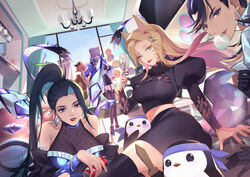  5girls ahri_(league_of_legends) akali animal_ears aqua_eyeshadow aqua_hair balloon bare_shoulders black_gloves black_hair black_legwear black_nails blonde_hair blowing_bubbles blue_eyes blue_headband blue_sky bracelet can catttleo chewing_gum closed_eyes closed_mouth collarbone crop_top day double_bun drink_can earrings evelynn_(league_of_legends) eyeshadow fingernails fox_ears fox_tail garter_straps gloves hair_bun half-closed_eyes headband highres holding holding_can holding_stuffed_toy holding_sword holding_weapon indoors jewelry k/da_(league_of_legends) k/da_all_out_akali k/da_all_out_evelynn k/da_all_out_kai&#039;sa k/da_all_out_seraphine_indie kai&#039;sa kitsune league_of_legends lipstick long_hair makeup multicolored_hair multiple_girls parted_lips pink_hair ponytail puffy_sleeves purple_eyes purple_hair red_lips seraphine_(league_of_legends) single_hair_bun sky sleeves_rolled_up smile soda_can standing stuffed_animal stuffed_toy sword tail teddy_bear the_baddest_ahri thighhighs turtleneck weapon wooden_sword 