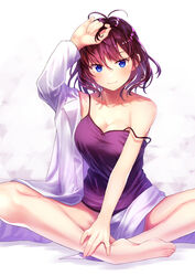  :3 alternate_hairstyle antenna_hair bad_id bad_pixiv_id bare_shoulders barefoot blue_eyes blush bottomless breasts camisole cleavage coat collarbone convenient_arm convenient_censoring female hair_between_eyes hand_on_head hand_on_own_ankle heart heart-shaped_pupils highres ichinose_shiki idolmaster idolmaster_cinderella_girls indian_style jitome lab_coat large_breasts leaning_forward looking_at_viewer naughty_face no_bra playing_with_own_hair purple_camisole purple_hair short_hair simple_background sitting solo strap_slip symbol-shaped_pupils tatsuhi226 unworn_coat white_background 