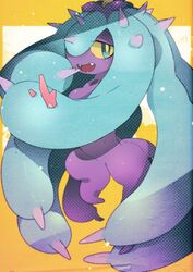  blue_eyes colored_sclera coral eating fangs halftone highres idkuroi looking_at_viewer mareanie no_humans pokemon pokemon_(creature) prehensile_hair smile solo tentacle_hair yellow_sclera 