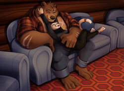  anthro bear blep brown_bear cabin clothed clothing cougar cuddling duo eye_contact felid feline female flannel_shirt furniture grizzly_bear gus_(grizzlygus) kodiak_bear looking_at_another lying_on_another male male/female mammal mrkirboy open_clothing open_shirt open_topwear romantic romantic_couple scar scars_all_over shirt size_difference sofa sweater tongue tongue_out topwear turtleneck ursine valerie_(grizzlygus) 