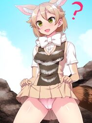  ? animal_ears bad_id bad_twitter_id black-backed_jackal_(kemono_friends) blush bow bowtie brown_hair cameltoe commentary_request covered_nipples elbow_gloves extra_ears female gloves green_eyes highres jackal_ears jackal_tail kemono_friends lifting_own_clothes multicolored_hair open_mouth panties pink_panties shirt short_hair short_sleeves skirt smile solo totokichi underwear white_shirt 