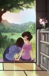  2girls book bookshelf brown_hair commentary commission day english_commentary flower grass hana_(ookami_kodomo) highres leaning_on_person long_hair looking_at_another multiple_girls ookami_kodomo_no_ame_to_yuki pants porch rtil short_hair sitting smile tree yuki_(ookami_kodomo) 