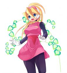  bangs black_legwear blonde_hair blue_eyes bodystocking bodysuit breasts capcom ciel_(rockman) female gloves hair_between_eyes headgear heart high_ponytail large_breasts long_hair open_mouth pattern patterned_background ponytail rockman rockman_zero sakuraba_(kirsche_x) smile standing white_gloves 