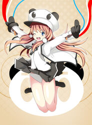  animal_costume animal_ears blue_eyes bow brown_hair commentary_request earrings female hat jewelry jumping knees_together_feet_apart long_hair mario_hat mittens one_eye_closed open_mouth original panda panda_costume panda_ears panda_hat panties pantyshot photoshop_(medium) skirt smile solo underwear vivivoovoo white_panties 