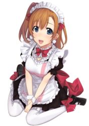  :d billion_(billion0103) blue_eyes brown_hair commentary_request earrings female jewelry kosaka_honoka love_live! love_live!_school_idol_project maid maid_headdress mogyutto_&quot;love&quot;_de_sekkin_chuu! one_side_up open_mouth pantyhose ribbon simple_background sitting smile solo wariza white_pantyhose wrist_cuffs 