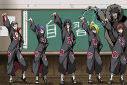  4boys akagi_soushi akatsuki_uniform arm_up black_hair blonde_hair chalkboard cloak commentary_request dancing deidara_(naruto) doll_joints energy female forehead_protector full_body hare_hare_yukai headband hidan_(naruto) indoors joints konan_(naruto) long_hair long_sleeves looking_at_viewer magic marionette multiple_boys naruto_(series) naruto_shippuuden ninja parody pose puppet puppet_strings sasori_(naruto) school standing string suzumiya_haruhi_no_yuuutsu third_kazekage uchiha_itachi 