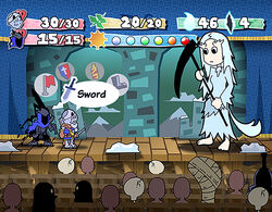  2boys armor artorias_the_abysswalker audience berenike_knight boss_fight cape chosen_undead commentary dark_souls_(series) dark_souls_i fake_screenshot female full_armor gameplay_mechanics hand_on_own_chin helmet holding holding_sword holding_weapon horns knight long_hair mario_(series) monster_girl multiple_boys paper_mario parody photoshop_(medium) priscilla_the_crossbreed setz snow stroking_own_chin style_parody sword tail theater thinking weapon white_hair xanthous_king_jeremiah 