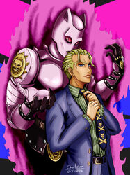  animal_humanoid aura blonde_hair business_suit cat_humanoid charleian clothed clothing duo felid felid_humanoid feline feline_humanoid fully_clothed hair human humanoid jojo&#039;s_bizarre_adventure killer_queen looking_at_viewer male mammal mammal_humanoid meme red_eyes stand_(jjba) standing suit yoshikage_kira 