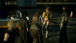  4boys animated animated boots breasts cidney cidney_aurum cleavage curly_hair female final_fantasy final_fantasy_xv gas_station gladiolus_amicitia hat ignis_scientia knee_boots midriff multiple_boys noctis_lucis_caelum prompto_argentum short_hair short_shorts shorts thighhighs 