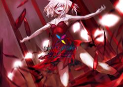  adapted_costume bare_arms bare_legs bare_shoulders commentary_request crazy_eyes crazy_smile dress female flandre_scarlet glowing glowing_wings looking_at_viewer outstretched_arms pink_hair red_skirt skirt sleeveless sleeveless_dress smile solo tmt torn_clothes torn_dress touhou watermark white_hair wings 