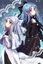  2girls black_capelet black_gloves black_jacket black_ribbon black_skirt blue_background blue_hair blush capelet closed_mouth commentary_request fur-trimmed_capelet fur_trim gloves grey_hair hair_ribbon hand_up highres jacket kagetsu_tooya len_(tsukihime) long_hair matching_outfits multiple_girls parted_bangs red_eyes ribbon skirt snowflakes standing tanaji tsukihime twitter_username white_capelet white_gloves white_jacket white_len_(tsukihime) white_ribbon white_skirt 