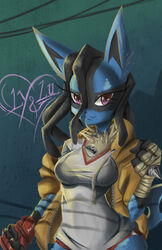  absurd_res anthro black_body black_fur blue_body blue_fur bra breasts clothing dreadlocks female fur generation_4_pokemon hi_res hoodie looking_at_viewer lu lucario mammal multicolored_body multicolored_fur nintendo pokemon pokemon_(species) school_uniform snoutless solo topwear underwear uniform yellow_body yellow_fur 