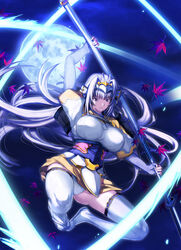  antenna_hair breasts commentary_request elbow_gloves female fingerless_gloves full_moon fura gloves hairband helmet highres large_breasts leaf legs long_hair moon naginata polearm purple_eyes purple_hair rance_(series) sengoku_rance senhime slashing smile solo spear thighhighs thighs very_long_hair weapon white_thighhighs 