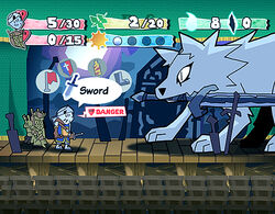  2boys armor boss_fight chosen_undead commentary dark_souls_(series) dark_souls_i fake_screenshot full_armor gameplay_mechanics great_grey_wolf_sif heart helmet knight knight_lautrec_of_carim mario_(series) moon mouth_hold multiple_boys paper_mario parody photoshop_(medium) setz style_parody sword theater weapon wolf 