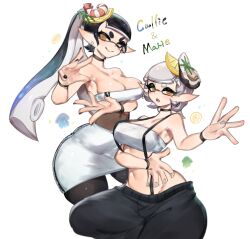  2girls baggy_pants bare_shoulders black_hair black_pants black_pantyhose breasts callie_(splatoon) choker cleavage covered_navel crop_top earrings food food_on_head fruit grey_hair high-waist_pantyhose highres inkling jewelry large_breasts lemon lemon_slice marie_(splatoon) miniskirt mole multiple_girls navel object_on_head official_alternate_costume oyster pants pantyhose pointy_ears shrimp simple_background skirt splatoon_(series) splatoon_1 splatoon_3 strapless suspenders tentacle_hair thick_thighs thighs togetoge tube_top yellow_eyes 