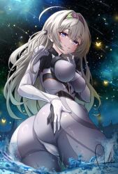  :q absurdres ass ass_grab black_hairband bodysuit breasts dasoin dated female fireflies firefly_(ar-26710)_(honkai:_star_rail) firefly_(honkai:_star_rail) from_below grabbing_own_ass grey_bodysuit grey_hair hairband highres honkai:_star_rail honkai_(series) large_breasts long_hair looking_at_viewer looking_back night night_sky pilot_suit shooting_star signature sky solo star_(sky) starry_sky tongue tongue_out wading 