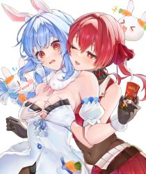  2girls :d animal_ear_fluff animal_ears black_choker black_gloves black_leotard black_pantyhose blue_hair blush braid breasts carrot_hair_ornament carrot_in_pocket choker clothing_cutout coat coat_dress commentary_request covered_navel creature cropped_jacket detached_sleeves don-chan_(usada_pekora) double-parted_bangs food-themed_hair_ornament frilled_choker frills fur-trimmed_coat fur-trimmed_gloves fur_scarf fur_trim gloves gold_trim grabbing grabbing_another&#039;s_breast grabbing_from_behind hair_between_eyes hair_ornament hair_ribbon hand_under_clothes haruzawa_1121 highres hikimayu hololive houshou_marine houshou_marine_(1st_costume) jacket lapel_pin leather_belt leotard leotard_under_clothes long_hair medium_breasts multicolored_hair multiple_girls oerba_yun_fang one_eye_closed open_mouth orange_eyes pantyhose pekomon_(usada_pekora) playboy_bunny pleated_skirt puffy_detached_sleeves puffy_short_sleeves puffy_sleeves rabbit rabbit-shaped_pupils rabbit_ears rabbit_girl red_eyes red_hair red_jacket red_ribbon red_skirt ribbon scarf see-through see-through_leotard short_eyebrows short_sleeves sidelocks simple_background skin_fang skirt sleeveless sleeveless_jacket smile sparkling_eyes standing strapless strapless_leotard swept_bangs symbol-shaped_pupils thick_eyebrows twin_braids twintails two-tone_hair underboob_cutout usada_pekora usada_pekora_(1st_costume) virtual_youtuber wavy_mouth white_background white_coat white_gloves white_hair white_scarf white_sleeves 