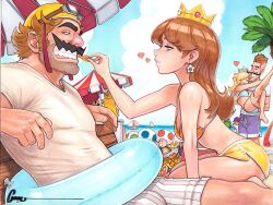  4girls 6+boys beach beach_umbrella bikini blonde_hair blue_bikini blue_eyes blue_sky blue_toad_(mario) boat brown_hair carrying cloud crown earrings facial_hair feeding flower_earrings green_toad_(mario) grin hair_over_one_eye heart helmet jewelry lifebuoy long_hair luigi mario mario_(series) motorcycle_helmet moustache multiple_boys multiple_girls ocean omar_dogan palm_tree piranha_plant princess_carry princess_daisy princess_king_boo princess_peach rosalina sailboat shirt shorts signature sky smile strap_gap summer swim_ring swimsuit toad_(mario) traditional_media tree umbrella waluigi wario warioware watercraft white_shirt yellow_shorts 