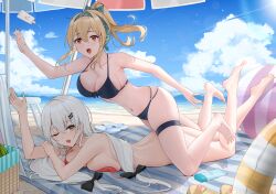  2girls absurdres artist_request ass ball barefoot basket beach beach_towel beach_umbrella beachball bikini bikini_top_only black_bikini blonde_hair blush bottle bow bowtie breasts cleavage cloud collarbone commission day falling feet feet_up food fruit girls&#039;_frontline green_hairband hair_ornament hairband hairbow hairclip highres innertube large_breasts legs_up long_hair lotion lotion_bottle lying multi-strapped_bikini_bottom multiple_girls navel ocean on_stomach outdoors pixiv_commission ponytail red_bikini red_eyes sand second-party_source shiny_skin sky soles sunscreen sv-98_(girls&#039;_frontline) svd_(girls&#039;_frontline) swim_ring swimsuit the_pose thighs toes towel tripping umbrella untied_bikini untied_bikini_top very_long_hair water watermelon white_hair 