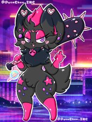  anthro bat_(object) black_body black_fur bone female fur generation_5_pokemon gesture hair hand_gesture heart_symbol lewdchuu_(artist) middle_finger nintendo pink_hair pokemon pokemon_(species) purple_eyes pyon_(lewdchuu) skull solo star zorua 