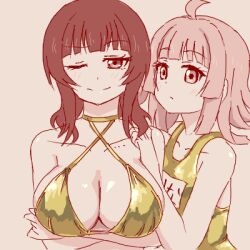  2girls ahoge asaka_karin bikini blunt_bangs blunt_ends breast_rest breasts collarbone commentary_request crossed_arms expressionless eyelashes flat_chest gold_bikini gold_one-piece_swimsuit growth170 large_breasts light_blush looking_at_viewer love_live! love_live!_nijigasaki_high_school_idol_club lowres medium_hair mole mole_on_collarbone multiple_girls name_tag one-piece_swimsuit one_eye_closed partially_colored school_swimsuit sidelocks smile swimsuit tennoji_rina upper_body white_background 