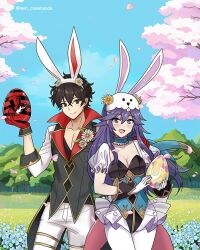  1boy amamiya_ren animal_ears animal_hat brand_of_the_exalt easter easter_egg egg egg_laying fake_animal_ears female fire_emblem fire_emblem_awakening fire_emblem_heroes hat holding holding_egg levin_sword lucina_(fire_emblem) lucina_(spring)_(fire_emblem) official_alternate_costume pantyhose persona persona_5 playboy_bunny rabbit_ears rabbit_hat rabbit_tail rein_creamsoda smile super_smash_bros. tail white_pantyhose 