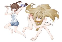  2girls absurdres ahoge bare_shoulders barefoot blonde_hair blue_pants blue_shorts bowl breasts brown_eyes brown_hair camisole chopsticks dress food frilled_dress frills hands_up head_down highres holding holding_bowl holding_chopsticks huge_ahoge jitome jumping leaning_forward long_hair medium_breasts minami-ke minami_chiaki minami_kana mouth_hold multiple_girls official_art open_mouth pants red_shirt rice_bowl sakuraba_koharu shirt shorts shrimp shrimp_tempura siblings simple_background sisters teeth tempura tiptoes twintails upper_teeth_only white_background white_camisole 