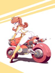  ass biker_clothes bikesuit blue_eyes bodysuit brown_hair comet_(mario_kart) crown earrings female flower_earrings from_behind gloves highres ioh jewelry long_hair mario_(series) mario_kart mario_kart_8 motor_vehicle motorcycle on_motorcycle orange_gloves orange_scarf princess_daisy scarf simple_background two-tone_background 