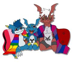  anthro bandai_namco biped bisexual_pride_colors chicostyx digimon digimon_(species) dragon eyewear fakemon fanmon flag glasses guilmon hair hi_res hybrid lgbt_pride male male/male male_anthro mythological_creature mythological_scalie mythology pride_colors reptile scalie six-stripe_rainbow_pride_colors sol_the_guilmon sven_the_giramon veemon yami_the_veemon 