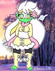  3_toes accessory anthro breasts clothing face_mask feet female flower flower_in_hair generation_8_pokemon green_eyes hair hair_accessory hi_res kemono legwear lewdchuu_(artist) nintendo plant pokemon pokemon_(species) raboot scarf solo stockings toes white_body 