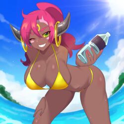  bent_over bikini black_horns blush bottle breasts cleavage colored_sclera dark-skinned_female dark_skin facial_mark female fingernails forehead_mark gold_ring green_eyes grin hand_on_own_thigh hanging_breasts holding holding_bottle hoopa hoopa_(confined) horn_ornament horn_ring horns in_water jewelry large_breasts legs_apart looking_at_viewer medium_hair naelle_(pkmn_realidea) nail_polish one_eye_closed personification pink_hair pink_nails pokemon ponytail rayman rayman_limbs ring smile sun swimsuit teeth water water_bottle yellow_bikini yellow_sclera 