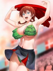  a1_(initial-g) armpits arms_up bare_shoulders bikini black_skirt blue_eyes blush braid breasts emma_verde female freckles green_bikini hair_between_eyes highres large_breasts long_hair love_live! love_live!_nijigasaki_high_school_idol_club love_live!_school_idol_festival love_live!_school_idol_festival_all_stars low_twin_braids low_twintails medium_hair navel open_mouth outdoors red_hair red_towel skirt smile solo swimsuit twin_braids twintails 