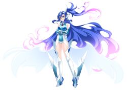  absurdres armored_boots bare_shoulders blue_eyes blue_hair blue_leotard boots breasts crossed_arms energy_wings female full_body gradient_hair hair_between_eyes headgear highres kazanari_tsubasa leotard long_hair medium_breasts multicolored_hair navel nyanmaru one_side_up pink_hair senki_zesshou_symphogear solo thighhighs very_long_hair white_background white_thighhighs wings x-drive_(symphogear) 